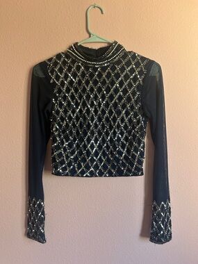 Embellished sequin and pearl, navy Long-Sleeve Mesh Top, slightly cropped